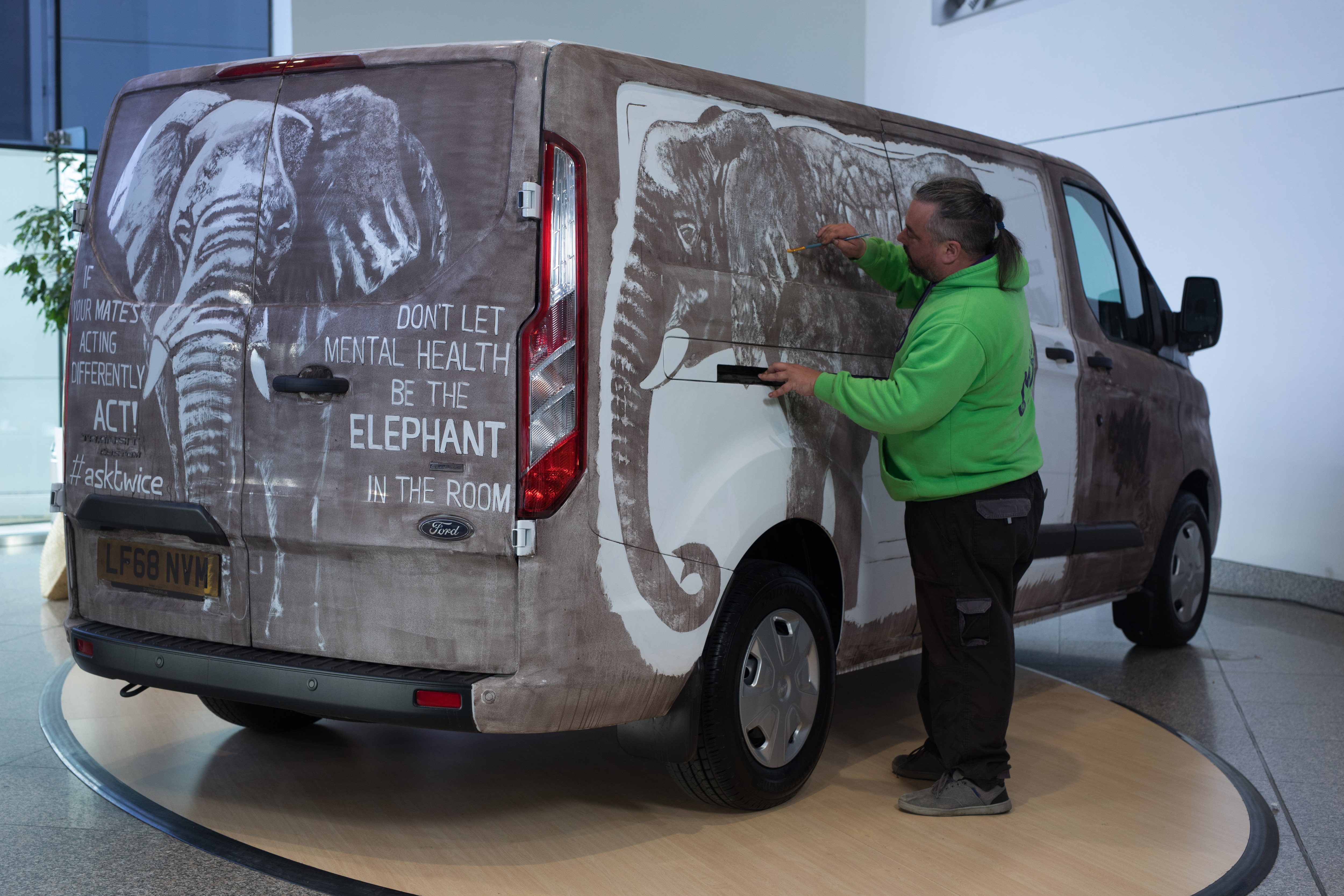 2018 – Ford continues its ‘Elephant in the Transit’ mental health campaign, using dirty van artist Ruddy Muddy to communicate the message of charity campaign partner, Time to Change. Photo credit: David Parry/PA Wire